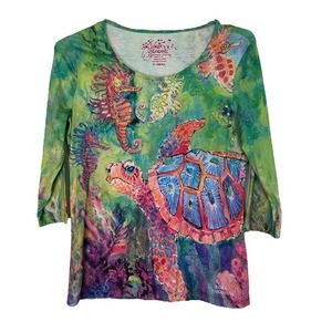 Leoma Lovegrove Long Sleeve Green Sea Turtle Seahorse Coral Top Size XS
